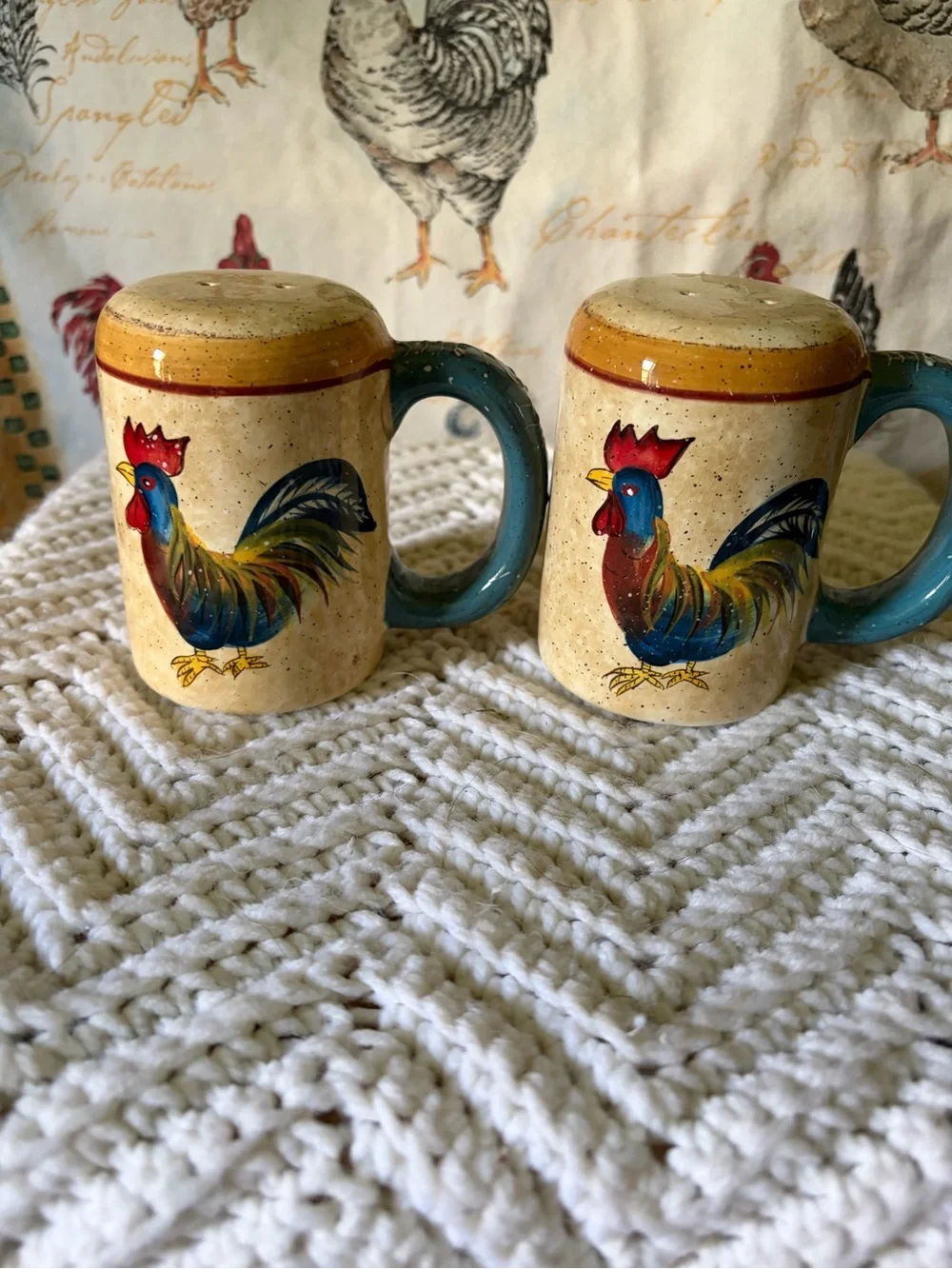 Rustic Rooster Ceramic Salt and Pepper Shakers - Blue Handle, Beige Body